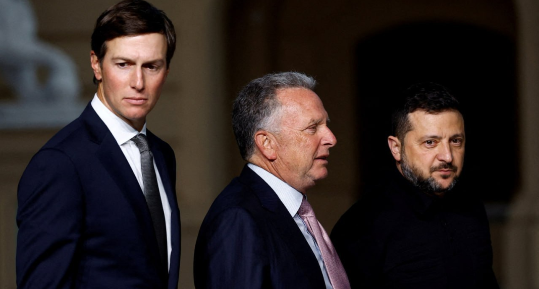 Jared Kushner, Steve Witkoff and Volodymyr Zelenskyy Jared Kushner, Steve Witkoff and Volodymyr Zelenskyy in business suits