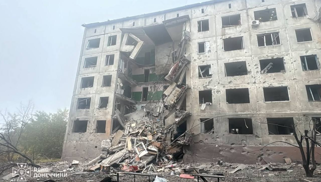 A destroyed high-rise block in Sloviansk following a Russian air strike on 11 October 2026