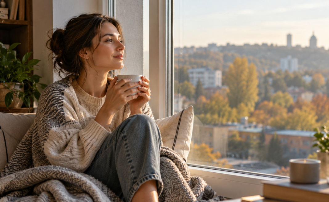 Coping with stress A woman is relaxing by the window with a cup of tea — a peaceful atmosphere in which to restore her mental balance.