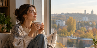 How to reduce stress and anxiety: 8 tips for everyday life A woman is relaxing by the window with a cup of tea — a peaceful atmosphere in which to restore her mental balance.