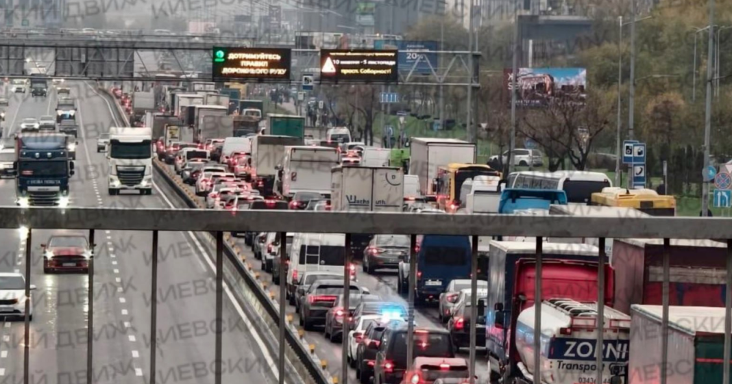 A major traffic jam involving cars and lorries