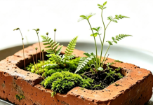 An old brick, covered in thick green moss, which is kept as an unusual pet.