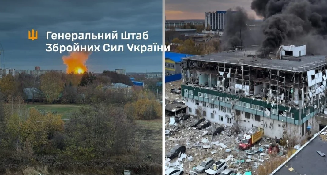 Удар по РФ 24 жовтня Колаж Генштабу ЗСУ: вибух над промисловою зоною та зруйнована будівля підприємства в Росії після удару.