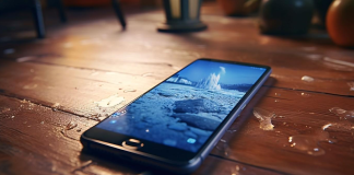 A smartphone with water droplets on the table after being splashed with liquid