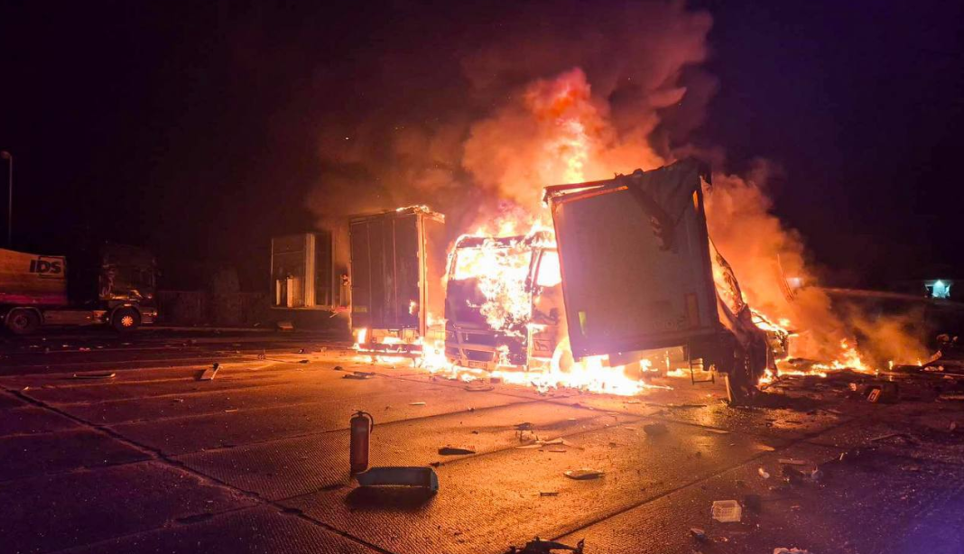 Lorries Lorries and trailers engulfed in flames on the premises of a civilian enterprise in the Sarny district of the Rivne region