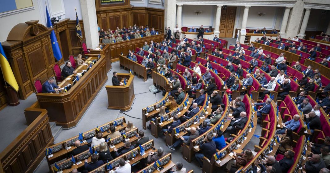 Members of the Ukrainian Parliament during a plenary session of the Verkhovna Rada, where budget matters and changes to state funding are being discussed