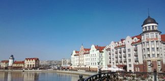 The Kaliningrad embankment with its historic buildings on the banks of the Pregolya River