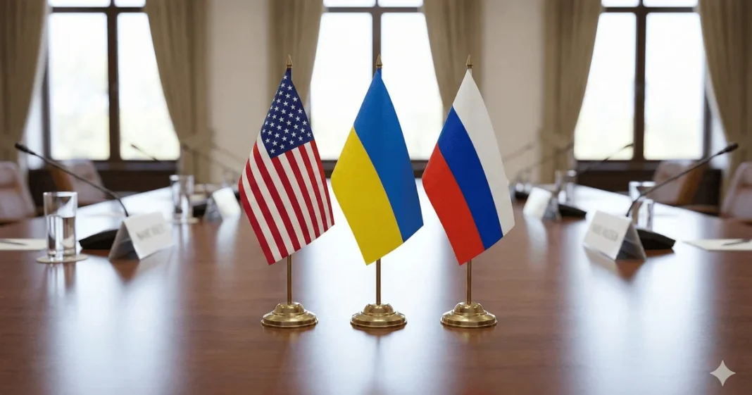 Настільні прапори США, України та Росії на переговорному столі в дипломатичній залі.
