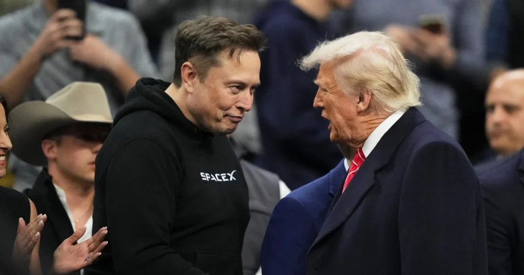 Elon is talking to Trump Elon Musk, wearing a SpaceX sweatshirt, is talking to Donald Trump