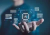 Рука тримає віртуальний інтерфейс із написом AI Agents, вікнами даних і командним рядком