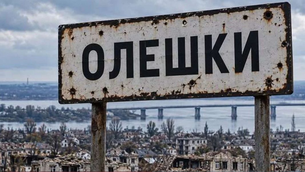 «Oleshky» road sign» A road sign in Oleshky that has been shot through«