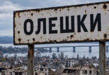 A road sign in Oleshky that has been shot through«