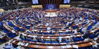 A panoramic view of the Council of Europe Parliamentary Assembly’s plenary chamber, with delegates seated at their tables
