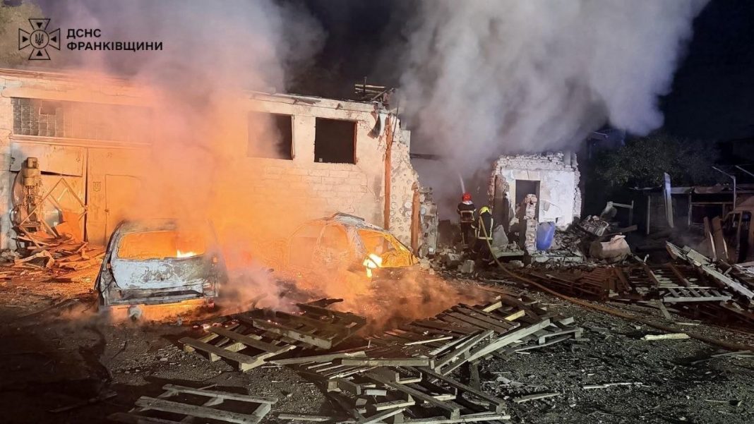 A fire and a destroyed building following the Russian attack on Ivano-Frankivsk on 8 October 2026