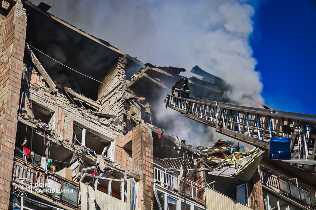 The aftermath of the strike on a high-rise building in Kharkiv