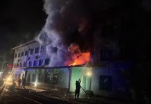 A fire in a railway building following a Russian attack on Ukrzaliznytsia facilities on 14 October 2026