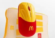McDonald’s випустив мишку у вигляді картоплі фрі: лише 4000 штук за $14 Червона та жовта бездротова комп’ютерна мишка McDonald’s у формі упаковки картоплі фрі, створена спільно з Lenovo.