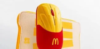 McDonald’s випустив мишку у вигляді картоплі фрі: лише 4000 штук за $14 Червона та жовта бездротова комп’ютерна мишка McDonald’s у формі упаковки картоплі фрі, створена спільно з Lenovo.