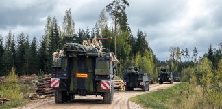 Поблизу кордонів РФ та Білорусі стартували навчання НАТО Колона військових бронемашин рухається ґрунтовою дорогою через ліс під час військових навчань