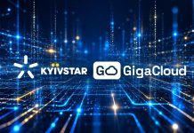 Логотипи «Київстару» та GigaCloud на синьому тлі цифрової мережі, що символізує розвиток хмарної інфраструктури та технологій штучного інтелекту в Україні.