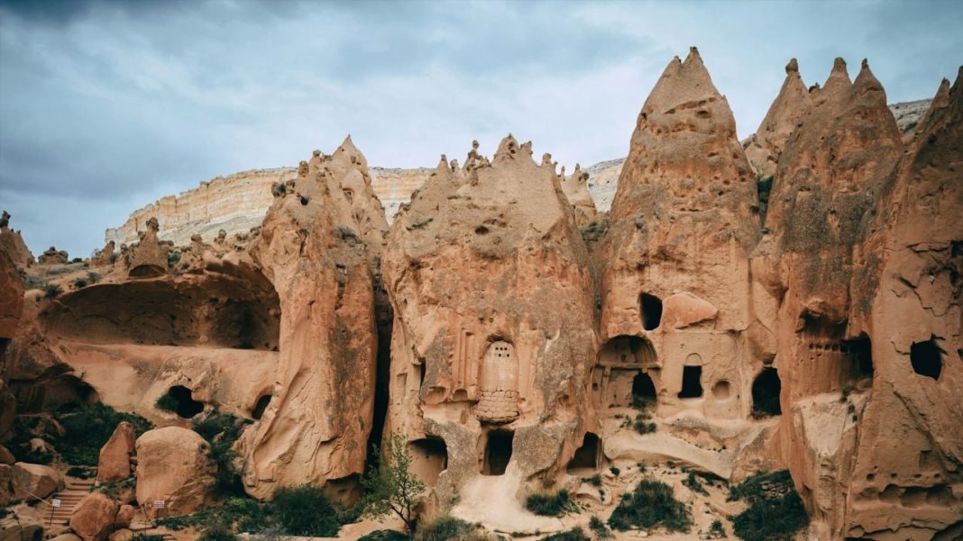 Rock Formations and Ancient Cave Settlements in Cappadocia, Turkey