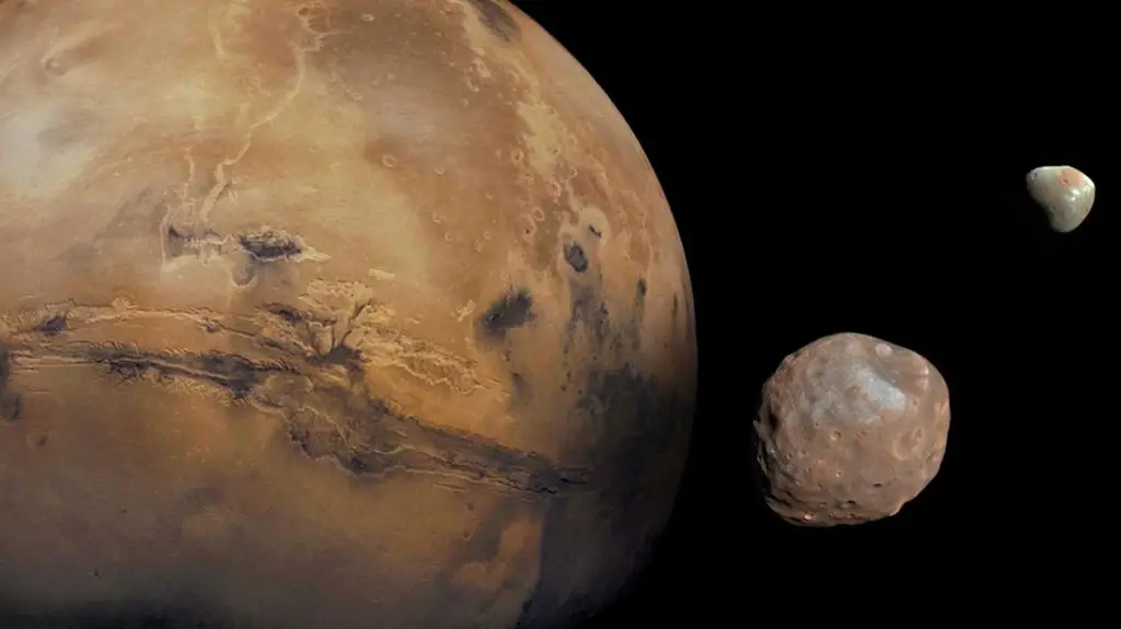 Mars and its two moons Mars and its two moons — Phobos and Deimos — against the black backdrop of space