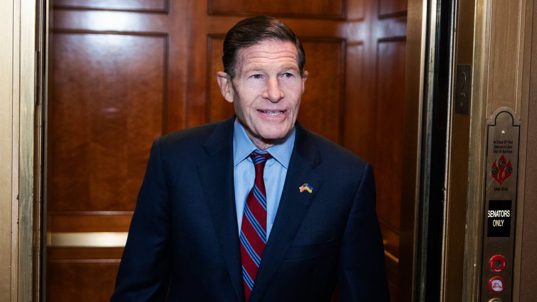 US Senator Richard Blumenthal steps out of the lift in the Senate building