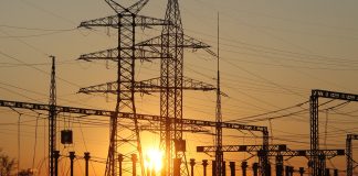 Power lines and Ukraine’s energy infrastructure at sunset