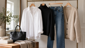 A woman’s basic wardrobe consists of a white shirt, a black turtleneck, classic jeans and a beige cardigan, all hanging on hangers.