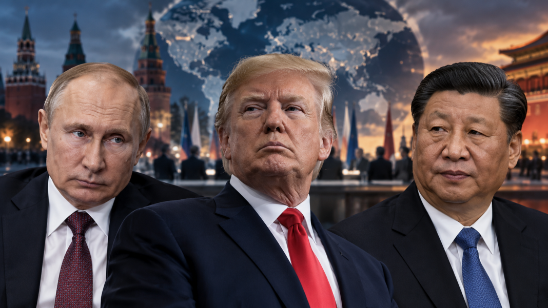 Геополітиний саміт Володимир Путін, Дональд Трамп і Сі Цзіньпін на колажі про можливий тристоронній саміт щодо завершення війни в Україні.