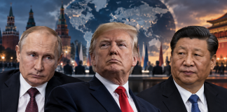 Путін хоче домовитися з Трампом і Сі про Україну без Зеленського Володимир Путін, Дональд Трамп і Сі Цзіньпін на колажі про можливий тристоронній саміт щодо завершення війни в Україні.