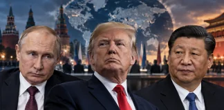 Путін хоче домовитися з Трампом і Сі про Україну без Зеленського Володимир Путін, Дональд Трамп і Сі Цзіньпін на колажі про можливий тристоронній саміт щодо завершення війни в Україні.