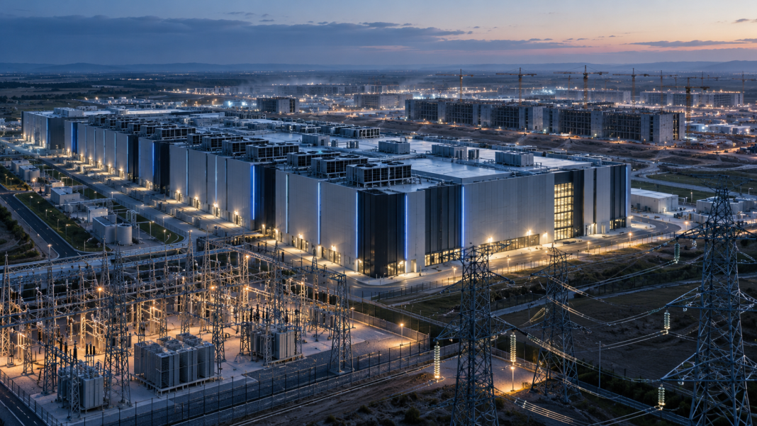 Data centre Large artificial intelligence data centres, complete with server complexes and electrical substations — an illustration of the global growth in AI’s electricity requirements