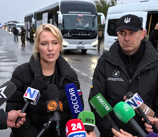 З окупованих Олешок евакуюватимуть людей: готові 25 автобусів Представники гуманітарної місії відповідають на запитання журналістів біля автобусів, підготовлених для евакуації цивільного населення з окупованих Олешок Херсонської області