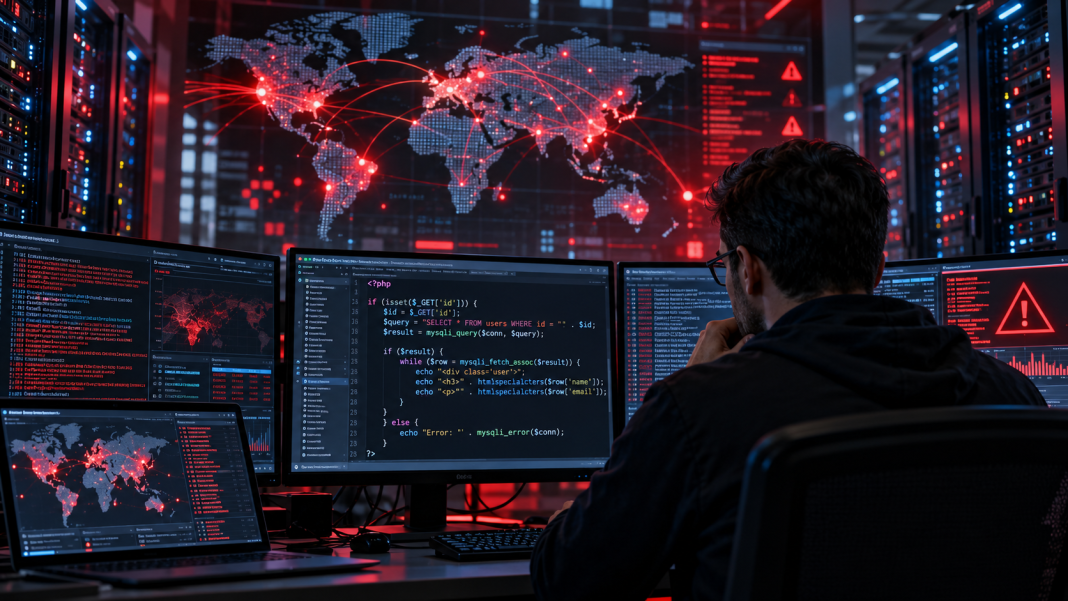 A specialist standing in front of monitors displaying PHP code and a cyber-attack map, with server racks in the background A specialist standing in front of monitors displaying PHP code and a cyber-attack map, with server racks in the background