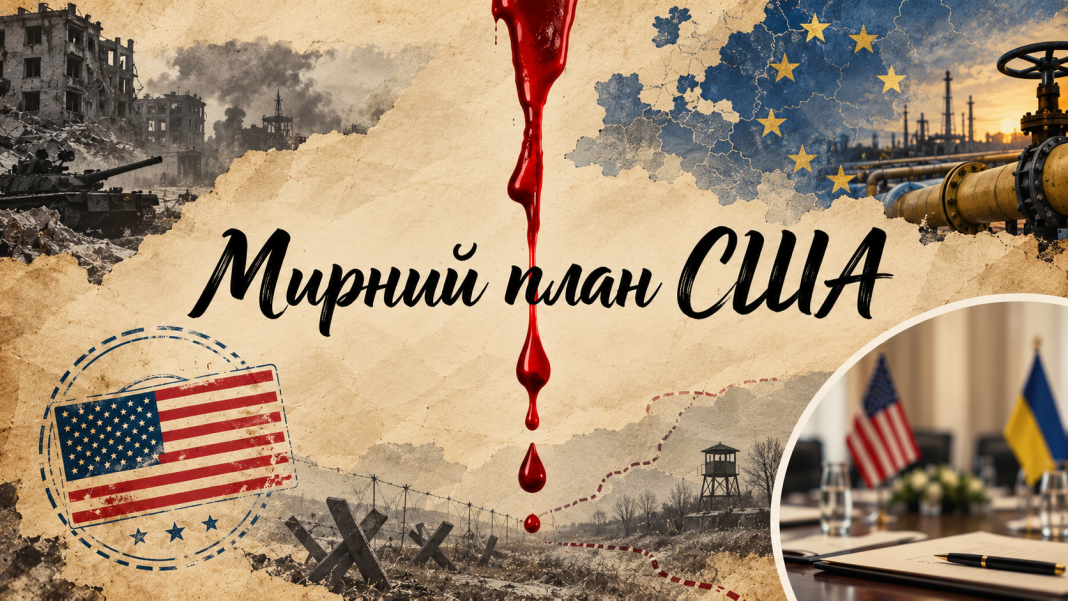 Peace plan An illustration of the US peace plan for Ukraine, featuring the US flag, European Union symbols, ruined buildings and an image of a negotiating table