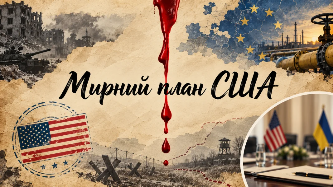 Ілюстрація американського мирного плану для України з прапором США, символами Євросоюзу, зруйнованими будівлями та зображенням переговорного столу