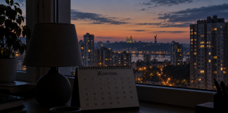 A desk calendar for October next to an unlit lamp against the backdrop of the city at dusk
