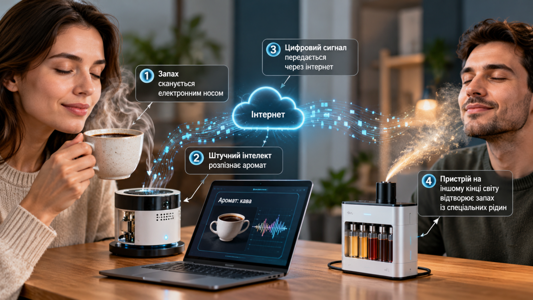 Scentronic technology transmits the scent of coffee over the internet using artificial intelligence and a scent-diffusing device.