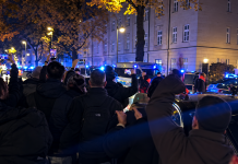 Нічне скупчення людей біля автомобілів із синіми проблисковими маячками