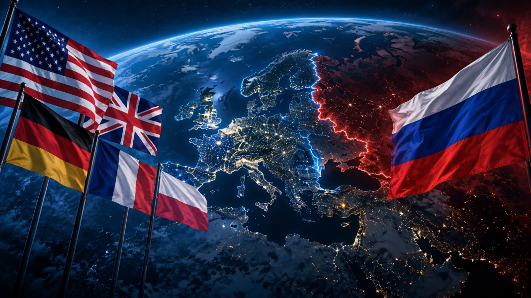 Протистояння НАТО і РФ Прапори США, Великої Британії, Німеччини, Франції та Польщі протистоять прапору Росії на тлі планети Земля та карти Європи.