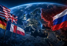 Країни НАТО оцінять готовність до війни з РФ: що обговорюватимуть Прапори США, Великої Британії, Німеччини, Франції та Польщі протистоять прапору Росії на тлі планети Земля та карти Європи.