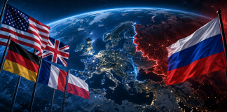 The flags of the USA, the UK, Germany, France and Poland are shown alongside the Russian flag, set against a backdrop of the Earth and a map of Europe.