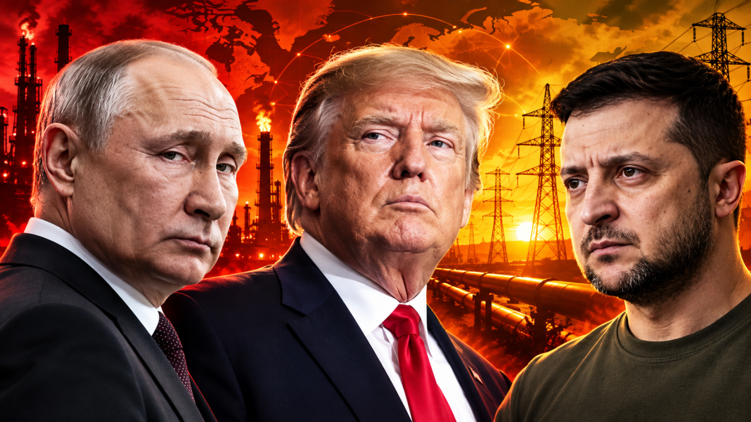 Putin, Trump and Zelenskyy Donald Trump, Volodymyr Zelenskyy and Vladimir Putin against a backdrop of energy infrastructure — a ceasefire between Ukraine and Russia