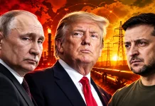 Дональд Трамп, Володимир Зеленський і Володимир Путін на тлі енергетичної інфраструктури — перемир'я між Україною та Росією
