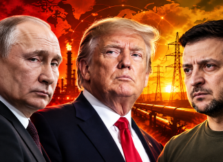 Енергетичне перемир’я: Трамп заявив про згоду України та Росії Дональд Трамп, Володимир Зеленський і Володимир Путін на тлі енергетичної інфраструктури — перемир'я між Україною та Росією