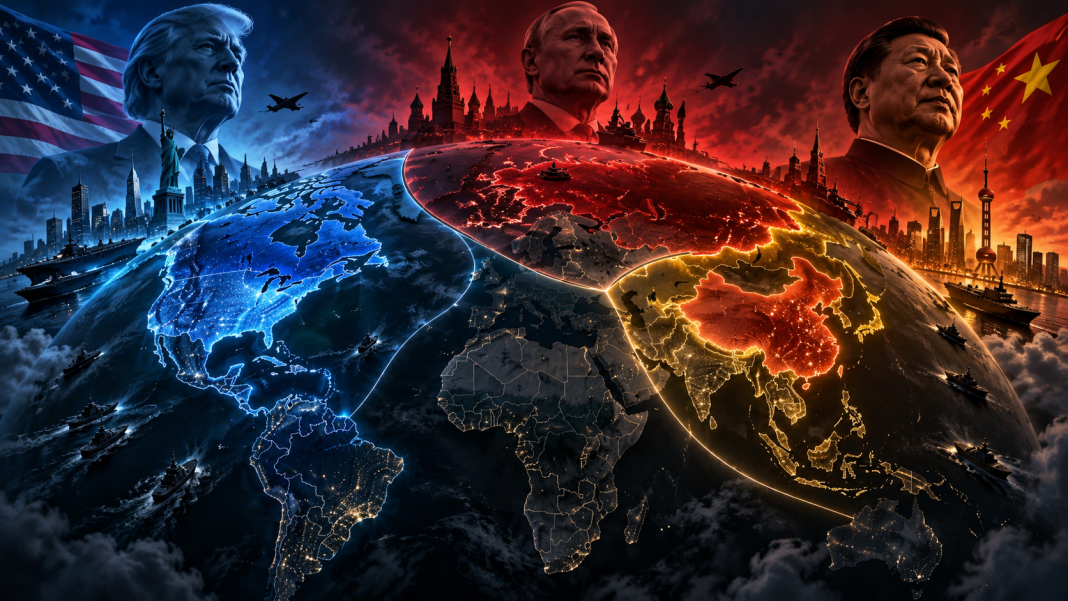 Donald Trump, Vladimir Putin and Xi Jinping Donald Trump, Vladimir Putin and Xi Jinping against a backdrop of a map of the world