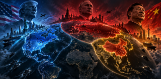 Donald Trump, Vladimir Putin and Xi Jinping against a backdrop of a map of the world