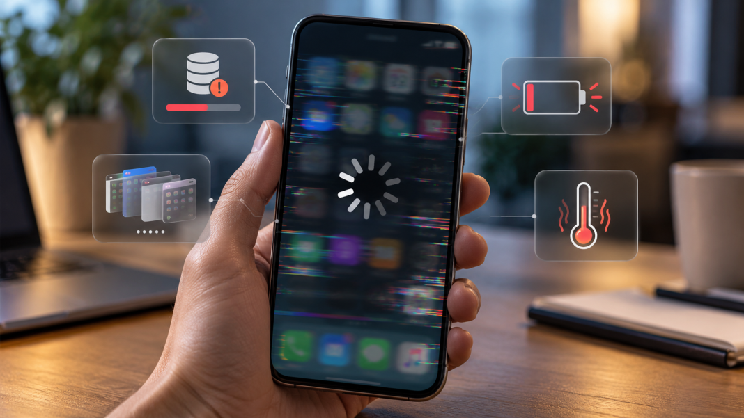 Смартфон гальмує Смартфон із завислим екраном у руках користувача, ілюстрація проблем повільної роботи мобільних пристроїв.
