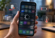 Телефон почав гальмувати? 7 причин, про які ви не знали Смартфон із завислим екраном у руках користувача, ілюстрація проблем повільної роботи мобільних пристроїв.